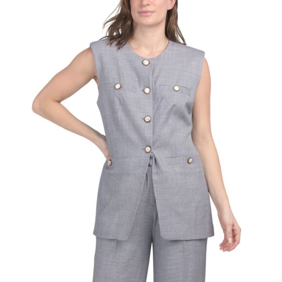 RACHEL ZOE Navy Basket Weave Fitted Vest With Gold Buttons - Picture 1 of 2